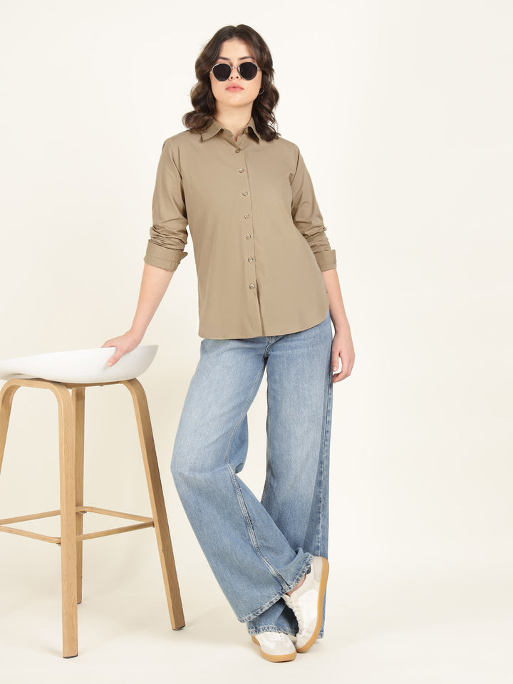 Women Beige Solid Pure Cotton Relaxed Fit Casual Shirt