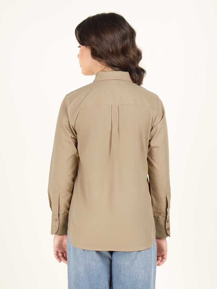 Women Beige Solid Pure Cotton Relaxed Fit Casual Shirt