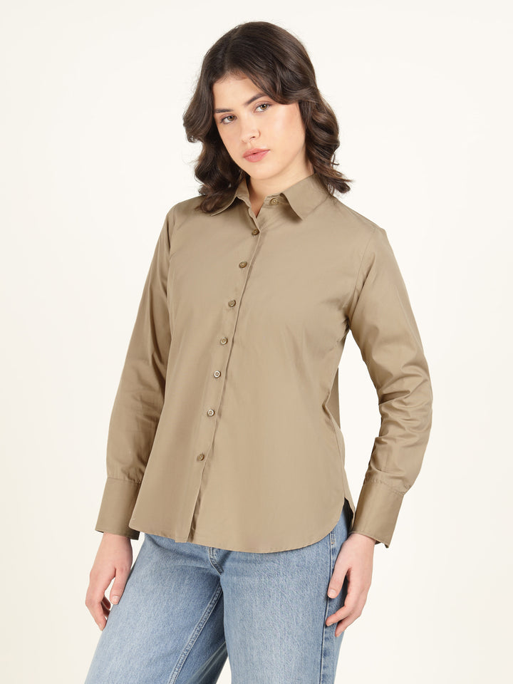 Women Beige Solid Pure Cotton Relaxed Fit Casual Shirt