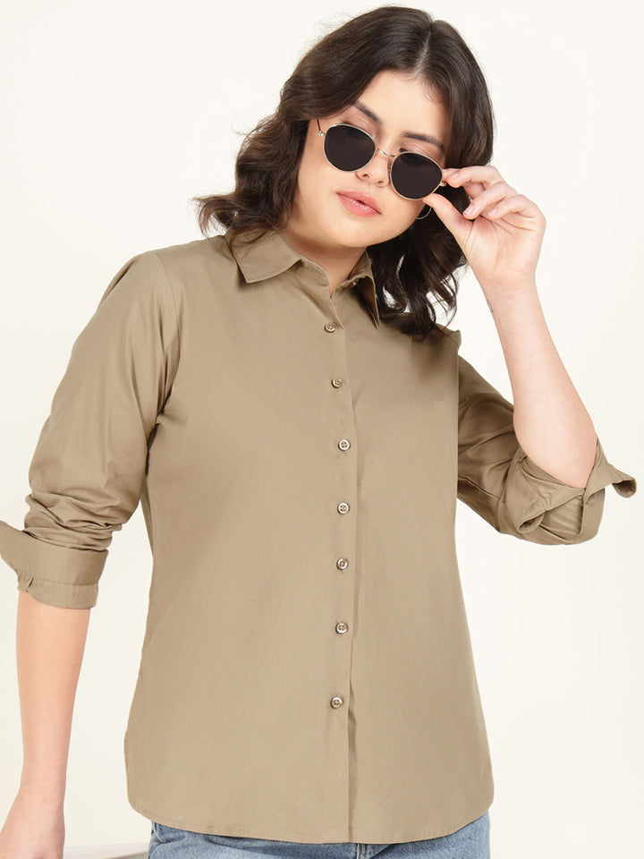 Women Beige Solid Pure Cotton Relaxed Fit Casual Shirt