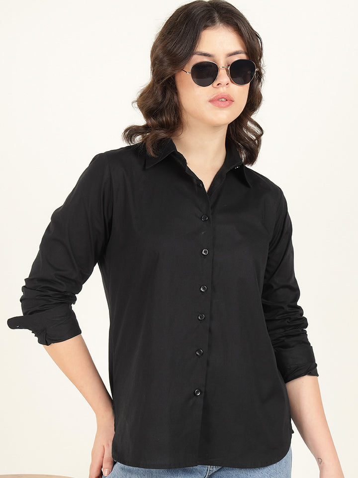 Women Black Solid Pure Cotton Relaxed Fit Casual Shirt