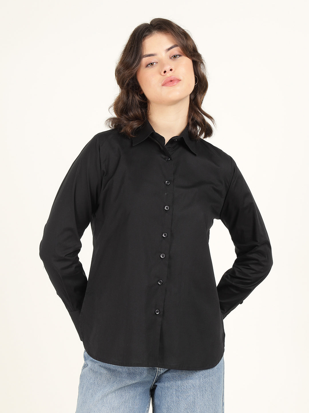 Women Black Solid Pure Cotton Relaxed Fit Casual Shirt