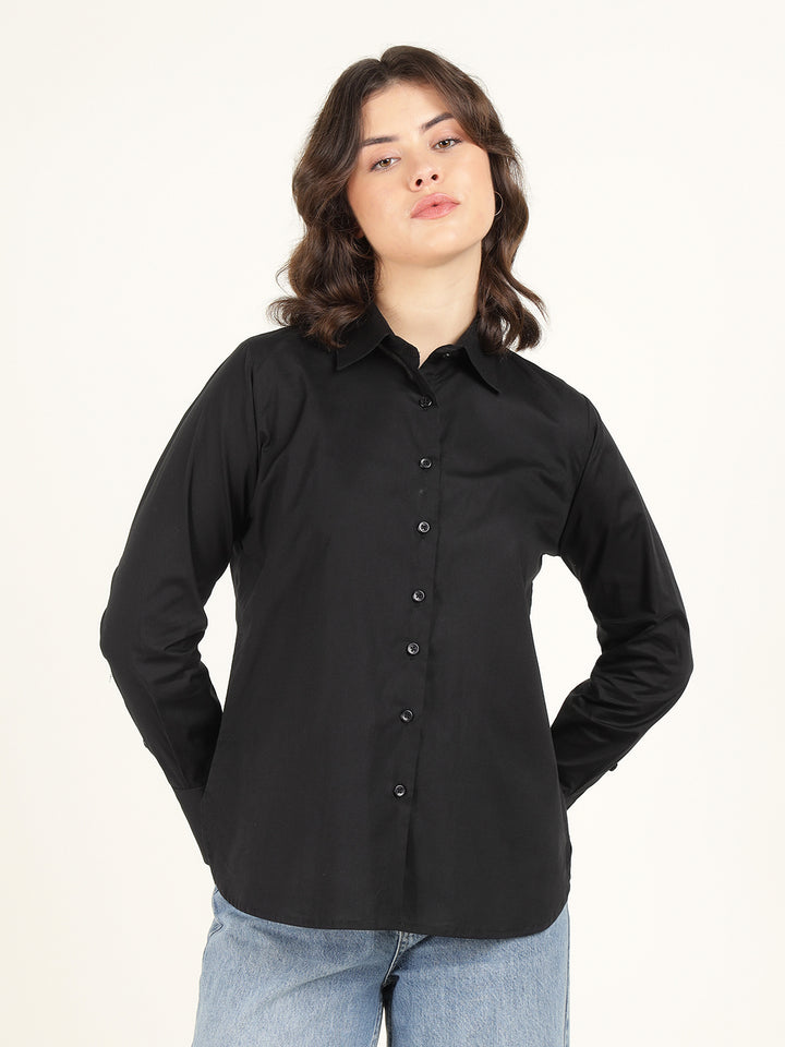 Women Black Solid Pure Cotton Relaxed Fit Casual Shirt