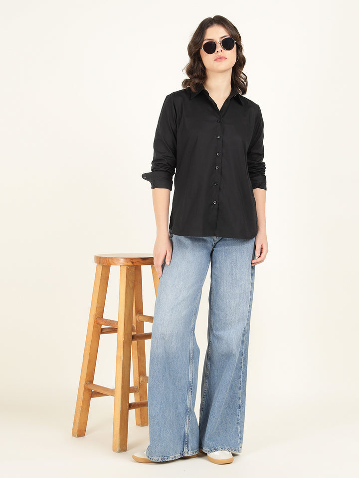 Women Black Solid Pure Cotton Relaxed Fit Casual Shirt
