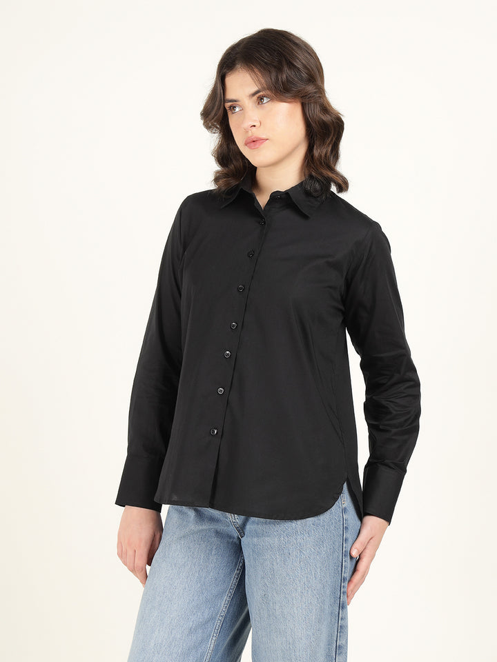 Women Black Solid Pure Cotton Relaxed Fit Casual Shirt
