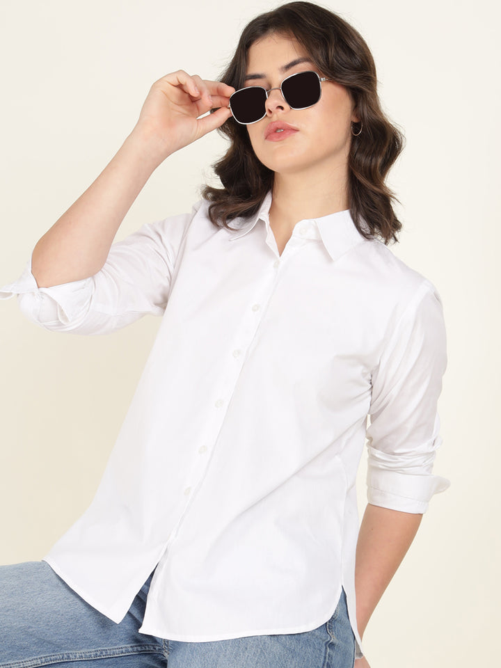 Women White Solid Pure Cotton Relaxed Fit Casual Shirt