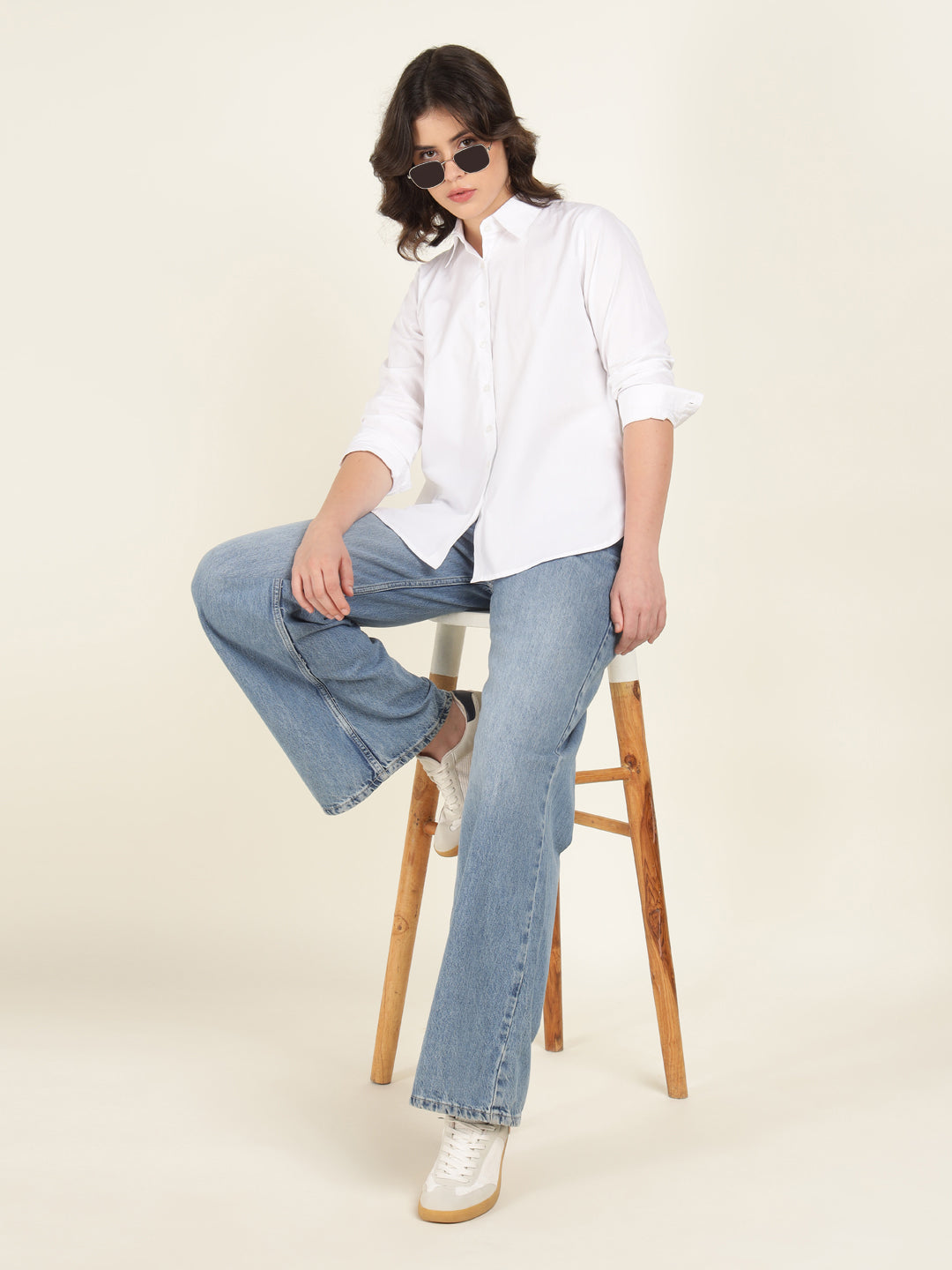 Women White Solid Pure Cotton Relaxed Fit Casual Shirt