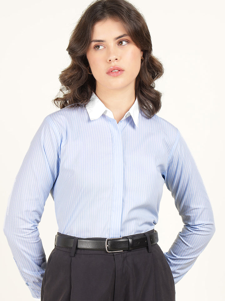 Hancock Women Sky Blue Striped Pure Cotton Regular Fit Formal Shirt