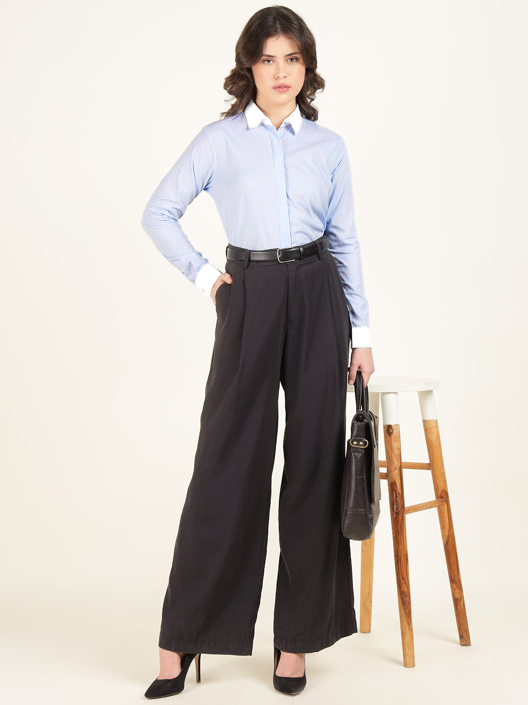 Hancock Women Sky Blue Striped Pure Cotton Regular Fit Formal Shirt