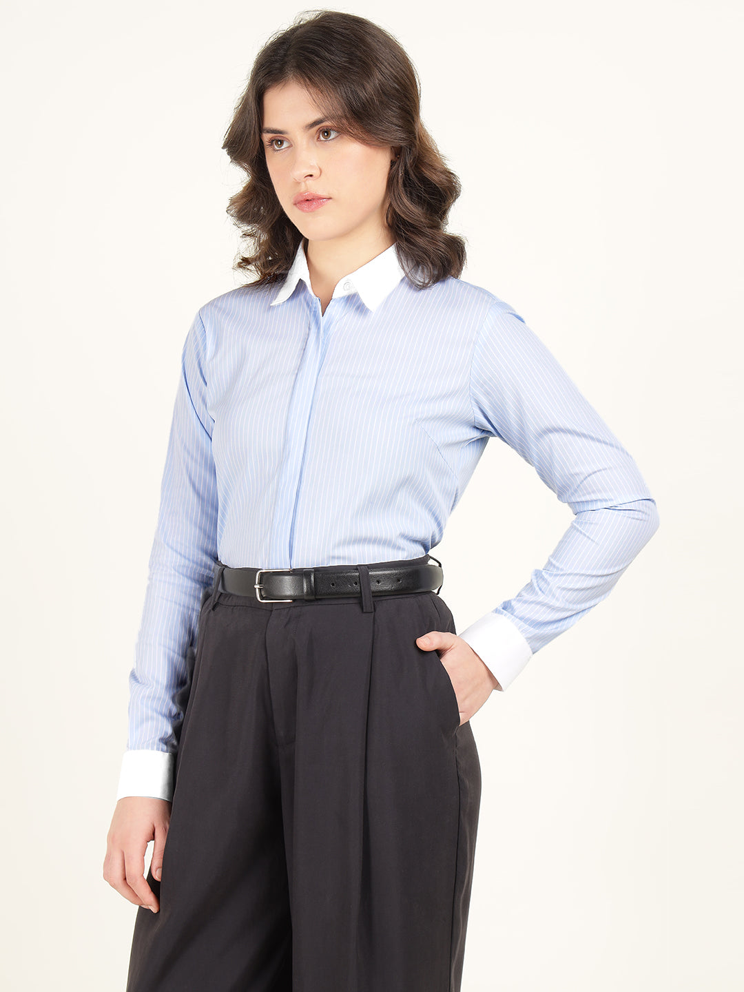 Hancock Women Sky Blue Striped Pure Cotton Regular Fit Formal Shirt