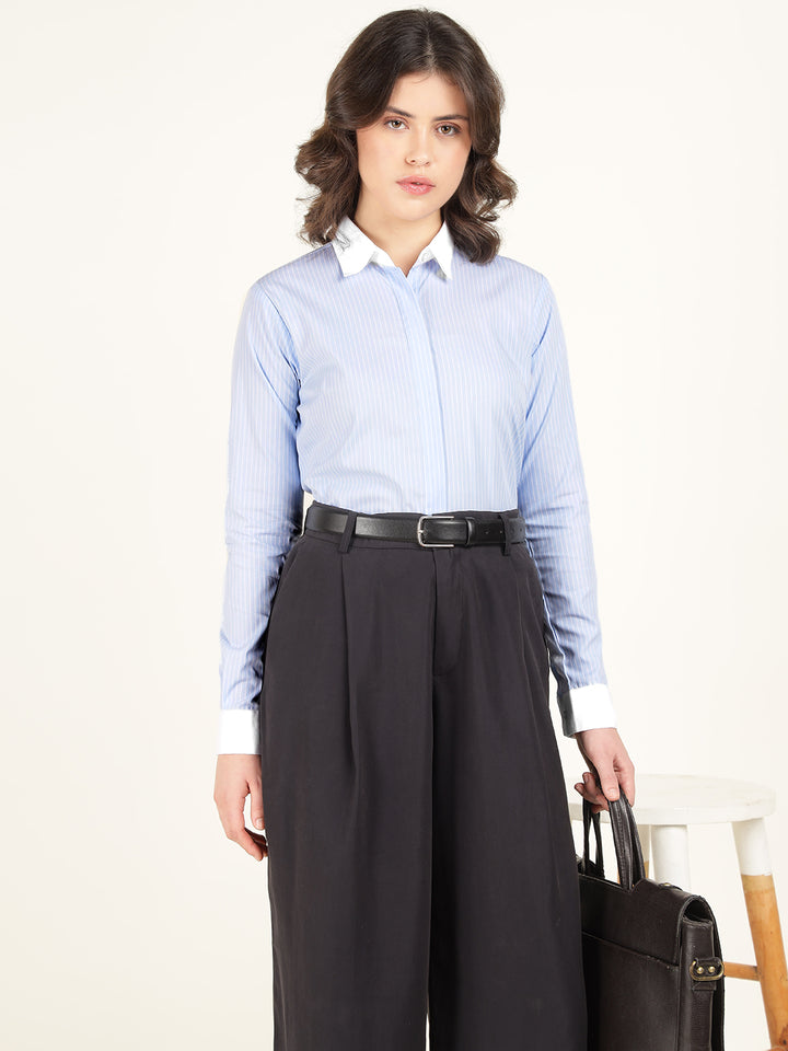 Hancock Women Sky Blue Striped Pure Cotton Regular Fit Formal Shirt