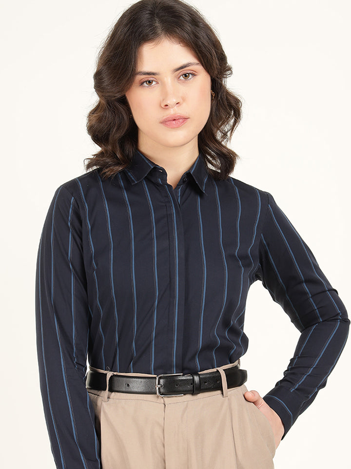 Women Navy Blue Striped Pure Cotton Regular Fit Formal Shirt
