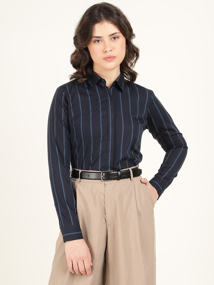 Women Navy Blue Striped Pure Cotton Regular Fit Formal Shirt