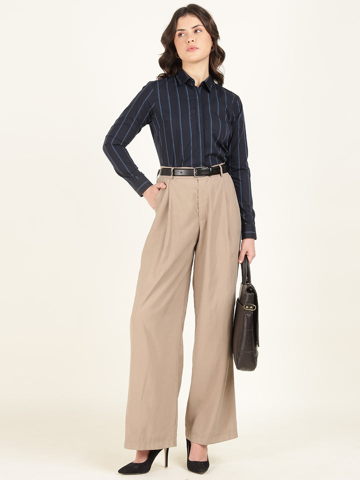 Women Navy Blue Striped Pure Cotton Regular Fit Formal Shirt