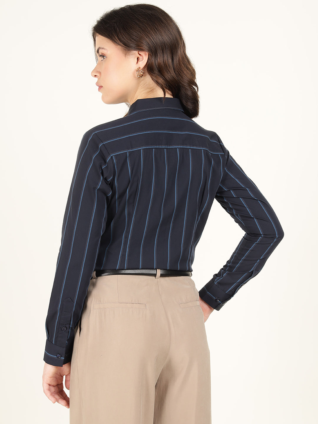 Women Navy Blue Striped Pure Cotton Regular Fit Formal Shirt