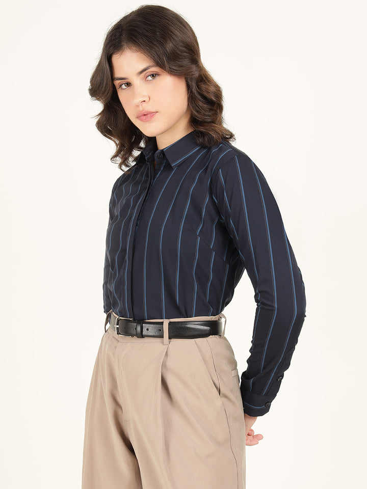 Women Navy Blue Striped Pure Cotton Regular Fit Formal Shirt