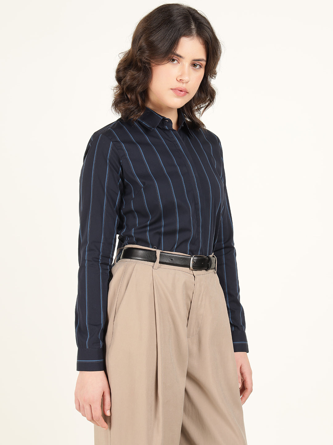 Women Navy Blue Striped Pure Cotton Regular Fit Formal Shirt