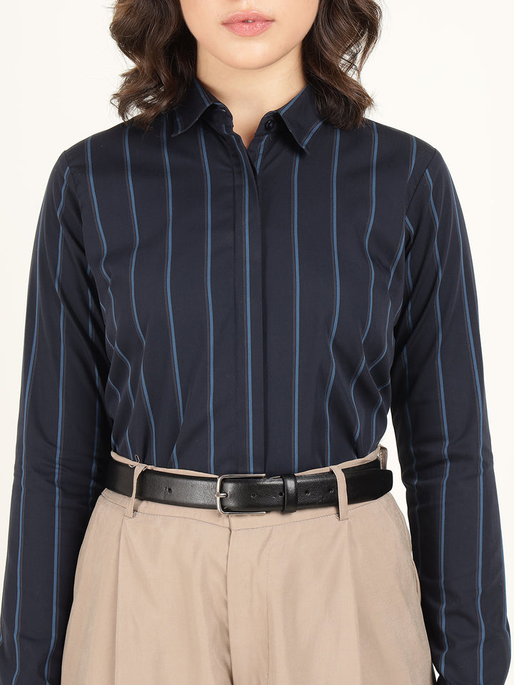 Women Navy Blue Striped Pure Cotton Regular Fit Formal Shirt
