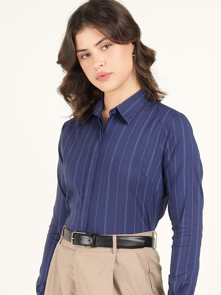 Hancock Women Blue Striped Pure Cotton Regular Fit Formal Shirt