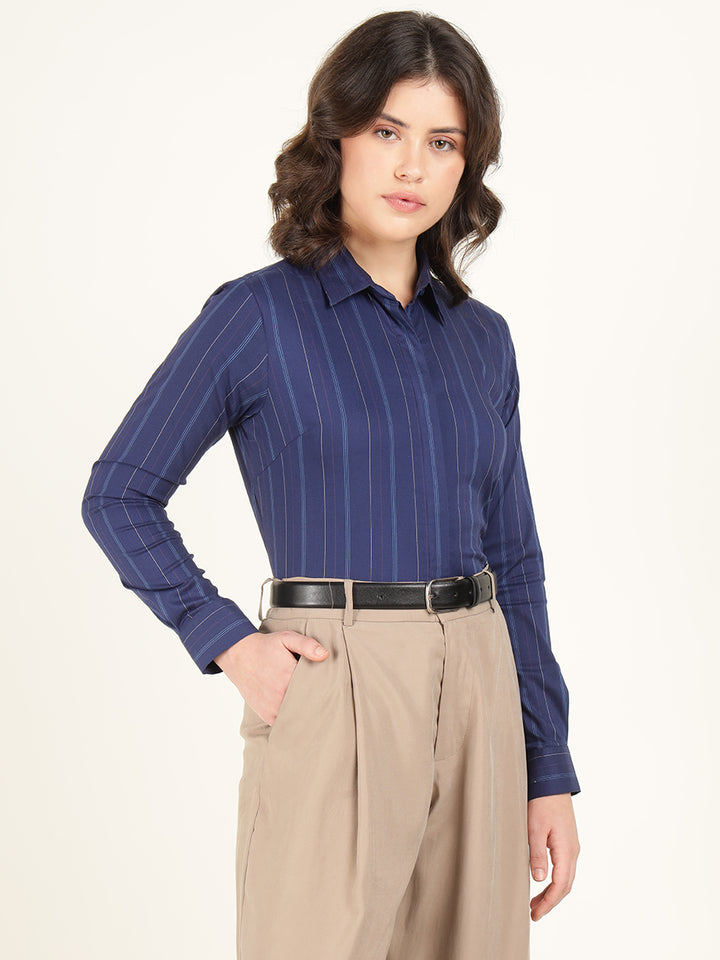 Hancock Women Blue Striped Pure Cotton Regular Fit Formal Shirt