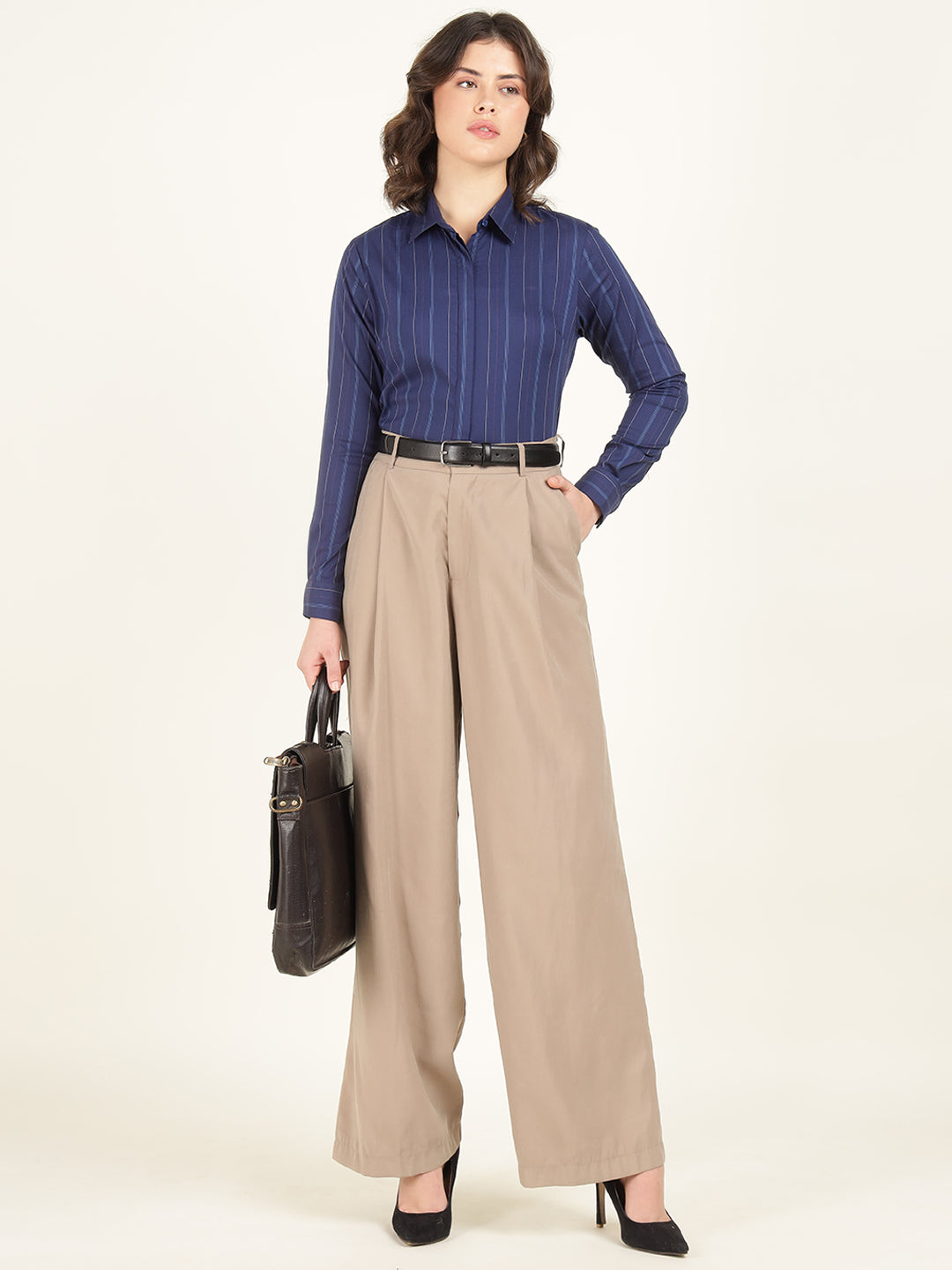 Hancock Women Blue Striped Pure Cotton Regular Fit Formal Shirt