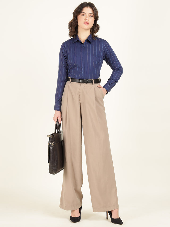 Hancock Women Blue Striped Pure Cotton Regular Fit Formal Shirt