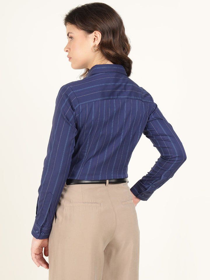 Hancock Women Blue Striped Pure Cotton Regular Fit Formal Shirt