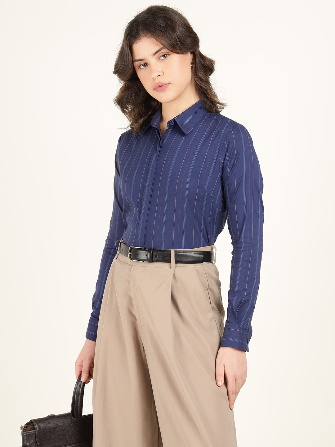 Hancock Women Blue Striped Pure Cotton Regular Fit Formal Shirt