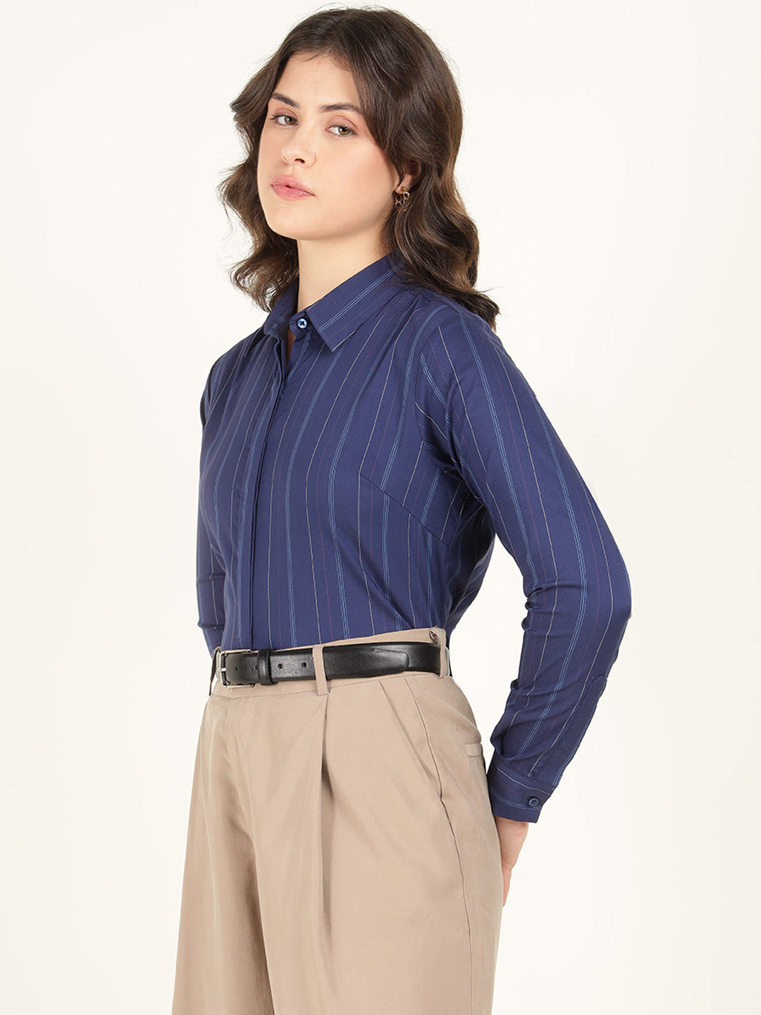 Hancock Women Blue Striped Pure Cotton Regular Fit Formal Shirt