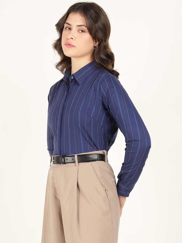 Hancock Women Blue Striped Pure Cotton Regular Fit Formal Shirt