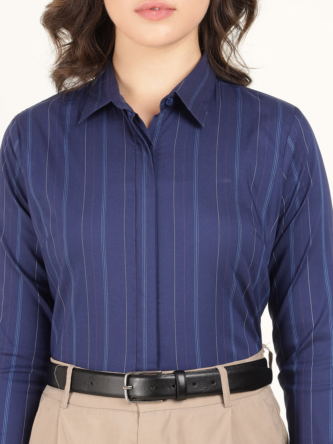 Hancock Women Blue Striped Pure Cotton Regular Fit Formal Shirt