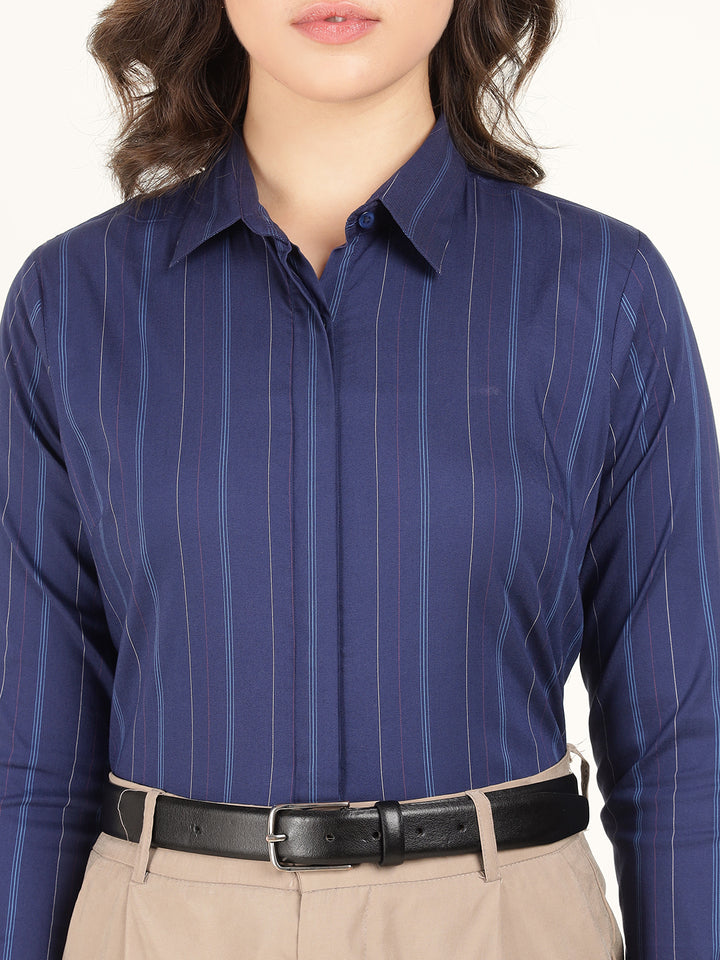 Hancock Women Blue Striped Pure Cotton Regular Fit Formal Shirt