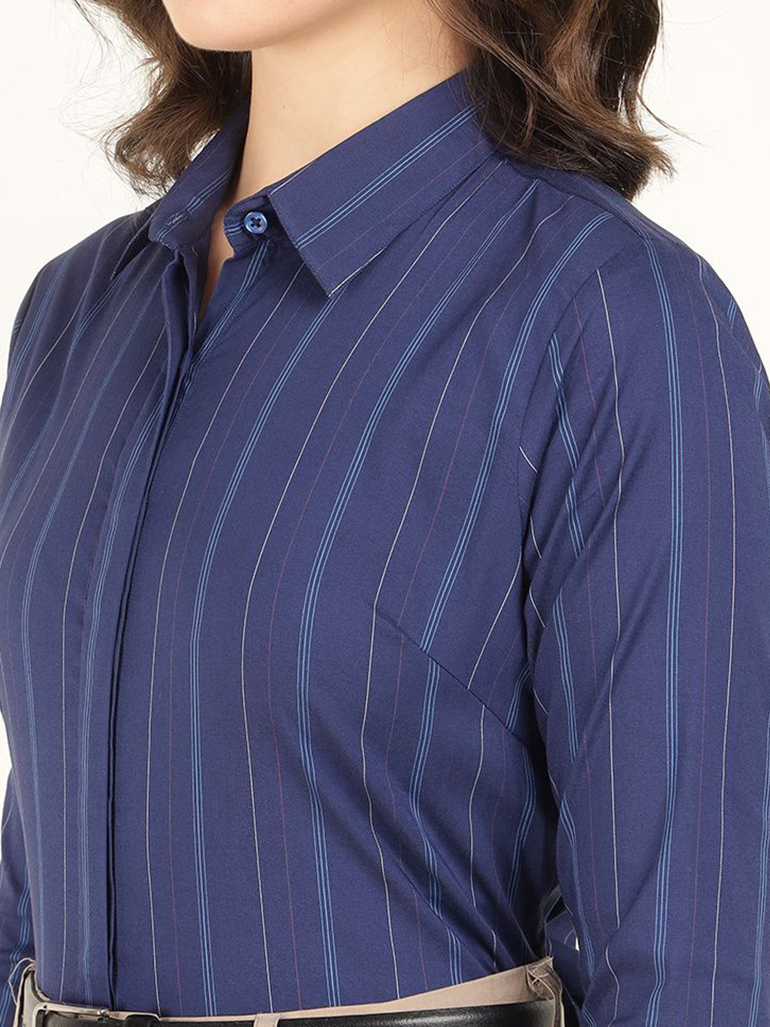 Hancock Women Blue Striped Pure Cotton Regular Fit Formal Shirt