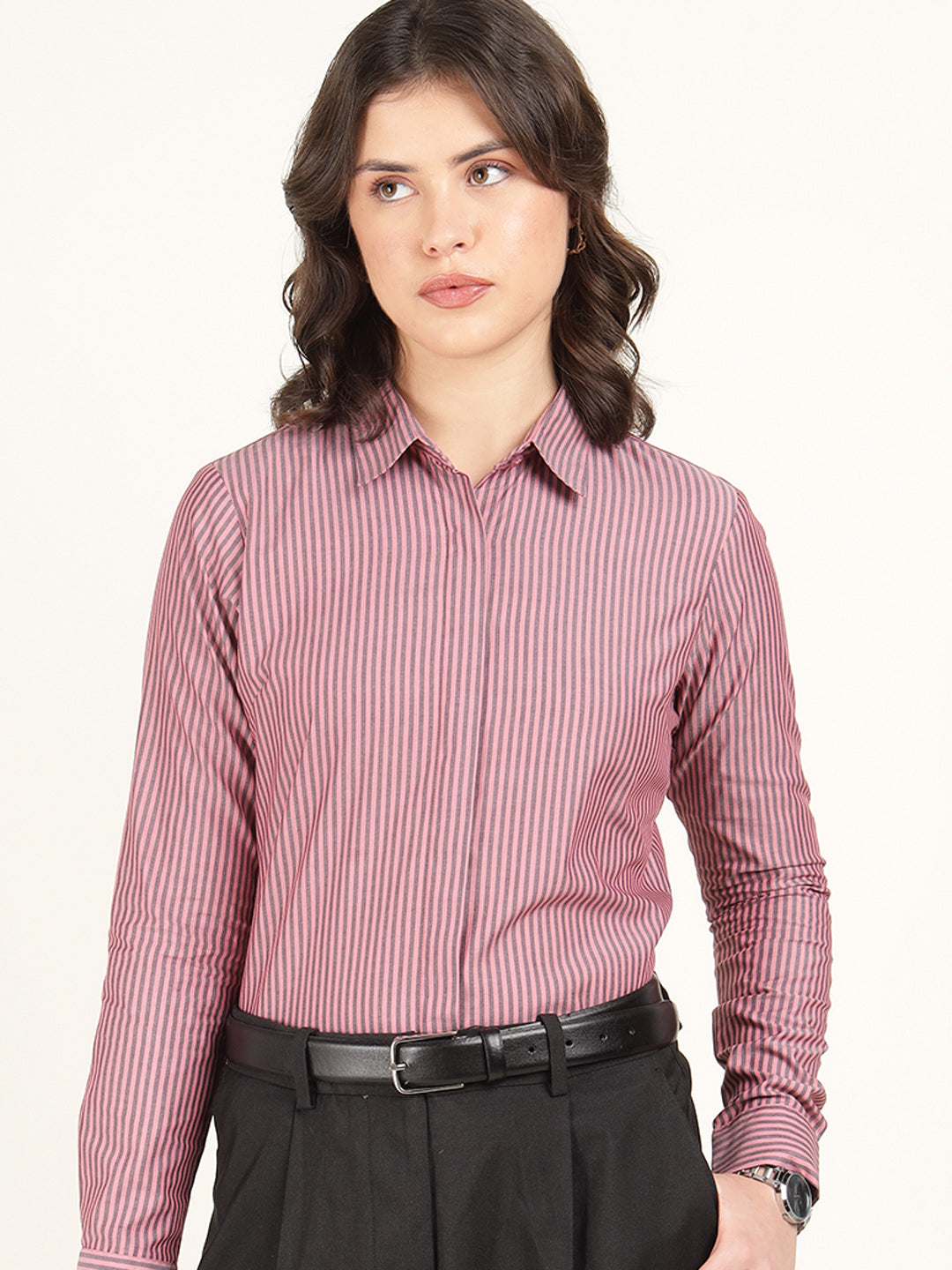 Hancock Women Coral & Grey Striped Pure Cotton Regular Fit Formal Shirt