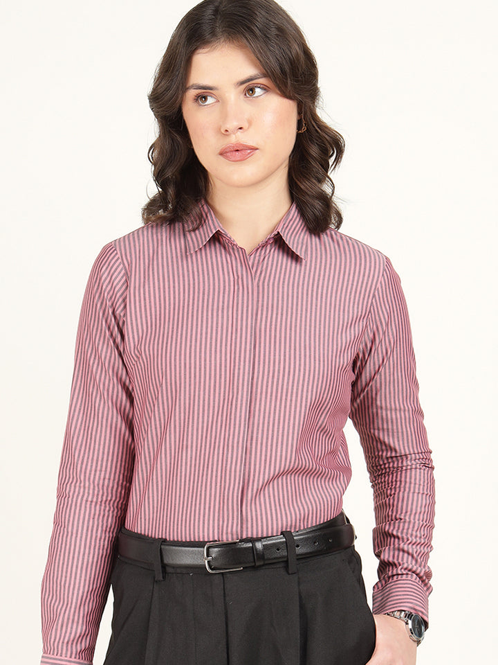 Hancock Women Coral & Grey Striped Pure Cotton Regular Fit Formal Shirt
