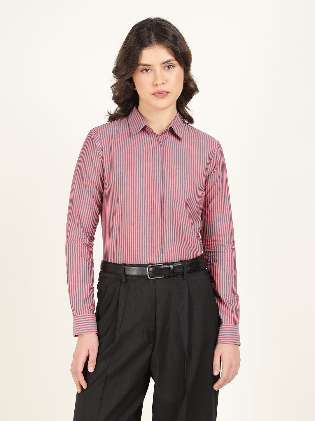Hancock Women Coral & Grey Striped Pure Cotton Regular Fit Formal Shirt