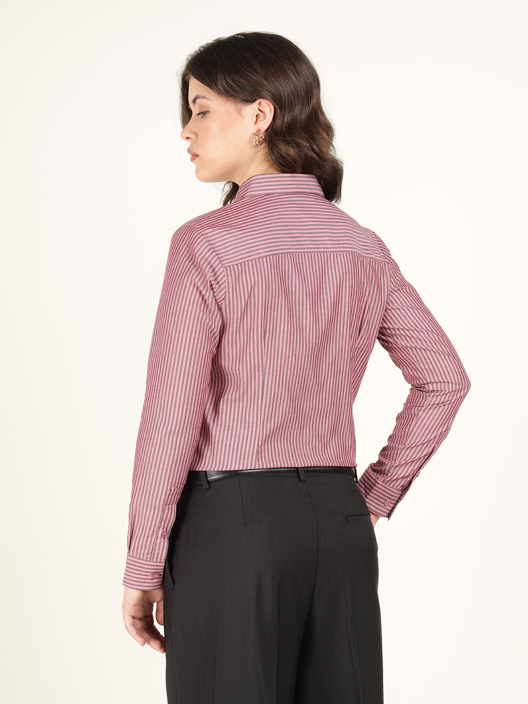 Hancock Women Coral & Grey Striped Pure Cotton Regular Fit Formal Shirt