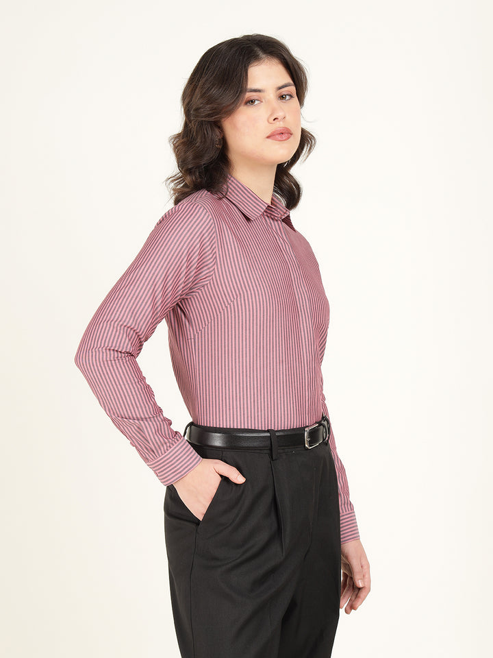 Hancock Women Coral & Grey Striped Pure Cotton Regular Fit Formal Shirt