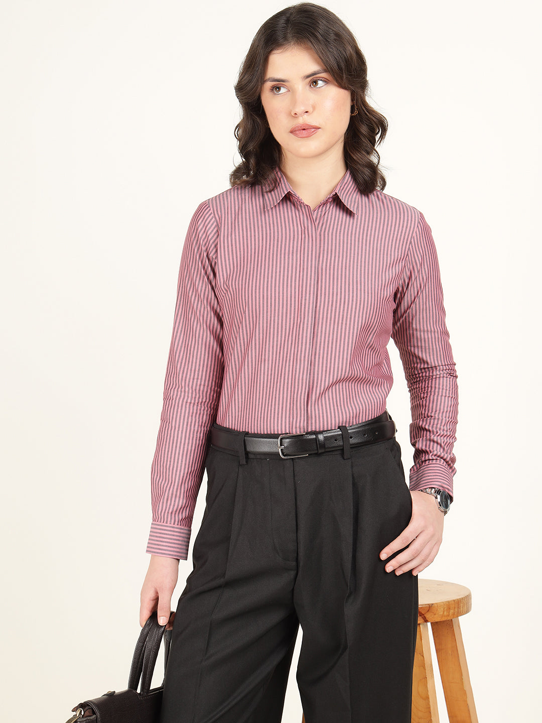 Hancock Women Coral & Grey Striped Pure Cotton Regular Fit Formal Shirt