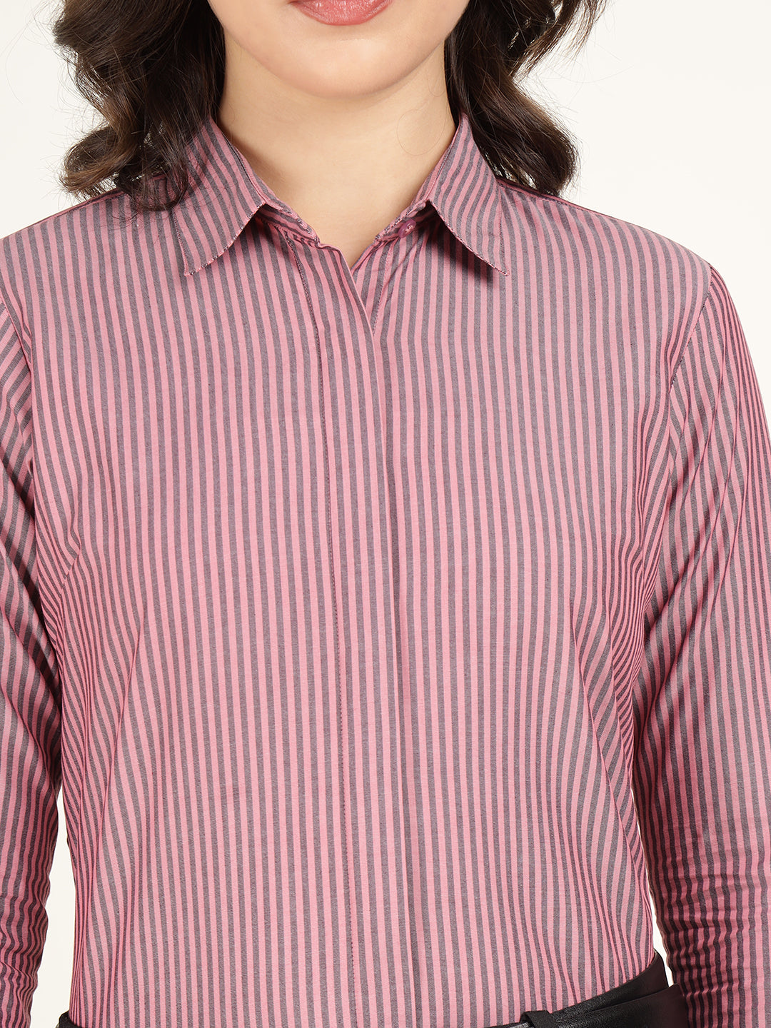 Hancock Women Coral & Grey Striped Pure Cotton Regular Fit Formal Shirt