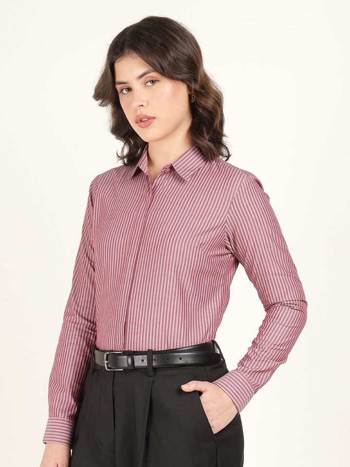 Hancock Women Coral & Grey Striped Pure Cotton Regular Fit Formal Shirt