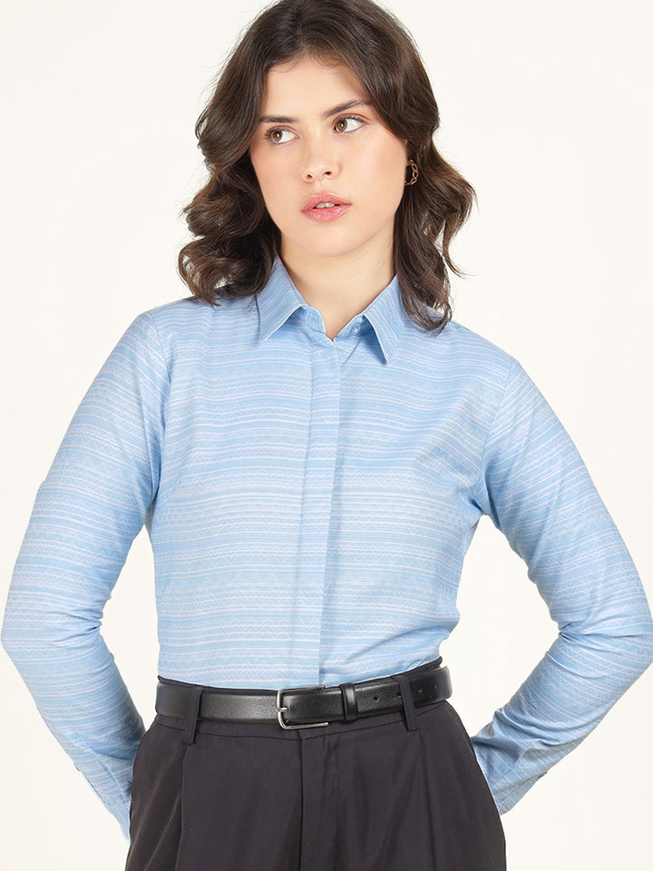 Hancock Women Sky Blue Solid Pure Cotton Regular Fit Formal Shirt