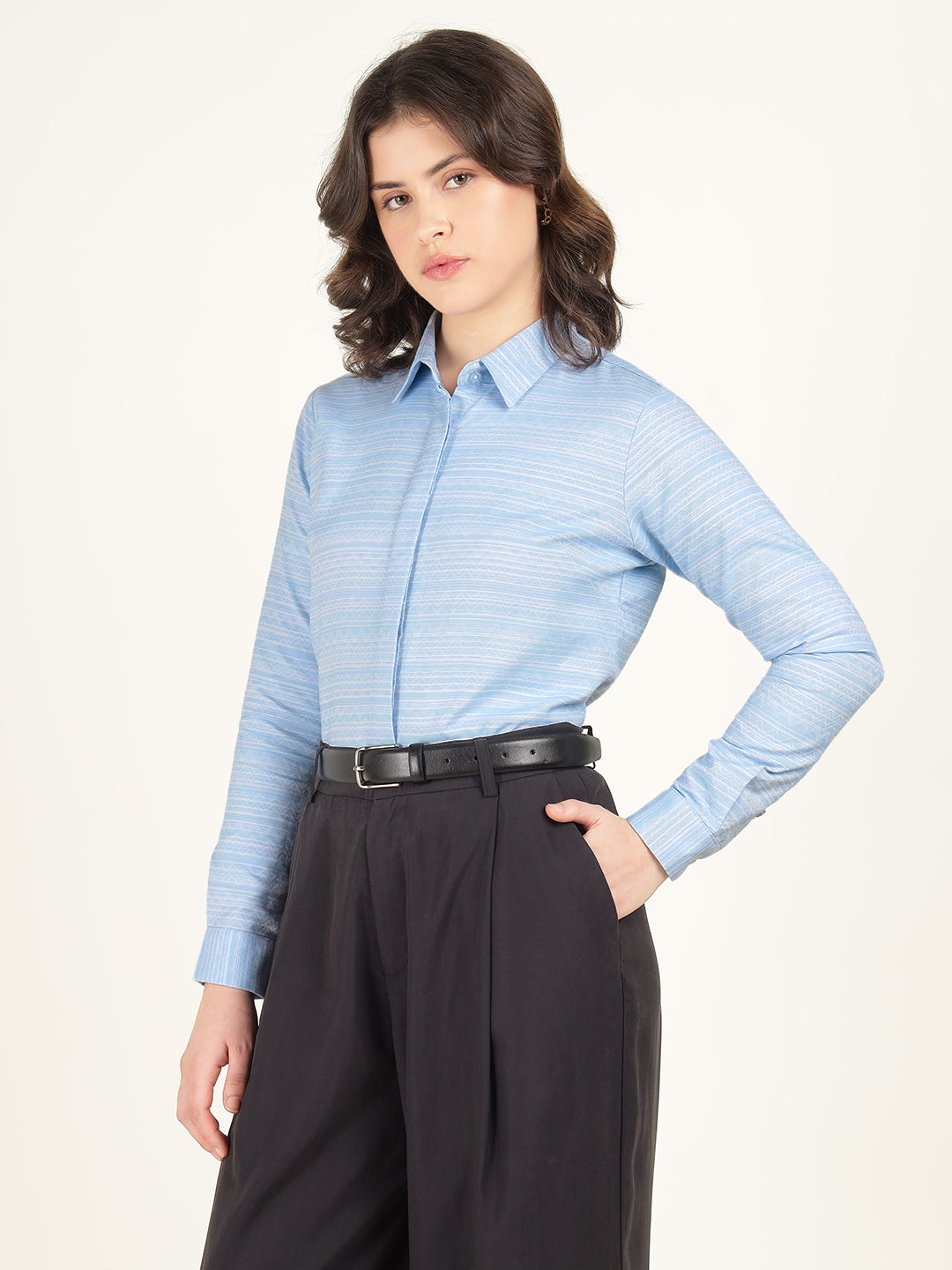 Hancock Women Sky Blue Solid Pure Cotton Regular Fit Formal Shirt
