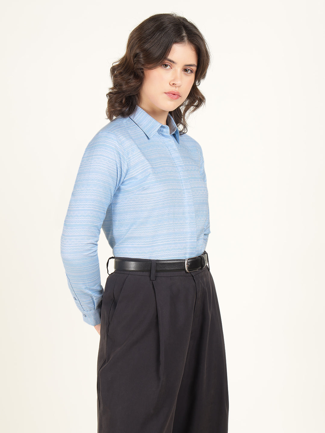 Hancock Women Sky Blue Solid Pure Cotton Regular Fit Formal Shirt