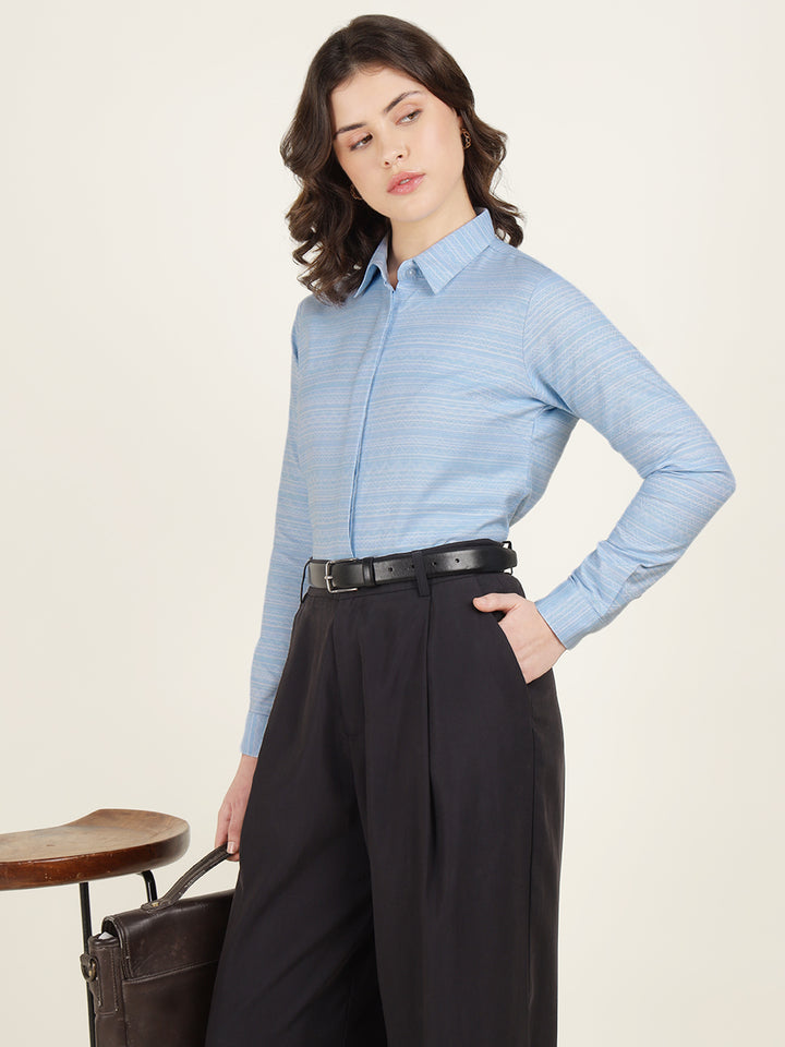 Hancock Women Sky Blue Solid Pure Cotton Regular Fit Formal Shirt