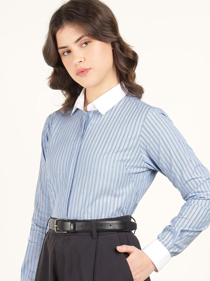 Women Blue Striped Pure Cotton Regular Fit Formal Shirt