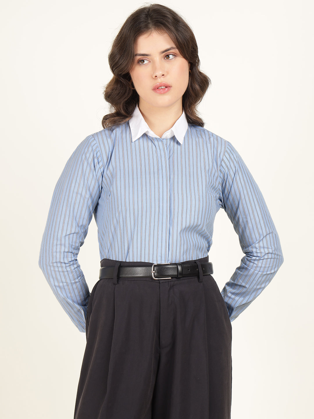 Women Blue Striped Pure Cotton Regular Fit Formal Shirt