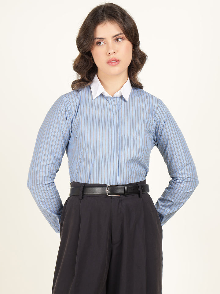 Women Blue Striped Pure Cotton Regular Fit Formal Shirt