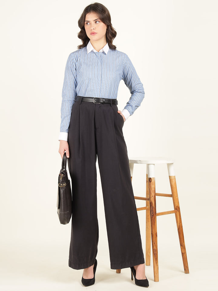 Women Blue Striped Pure Cotton Regular Fit Formal Shirt