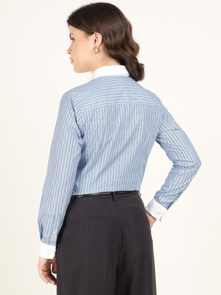 Women Blue Striped Pure Cotton Regular Fit Formal Shirt
